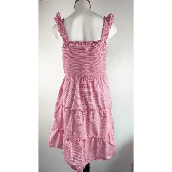 J Crew Sz Large Striped Smocked Tiered Mini Dress Pink Nautical Preppy Americana